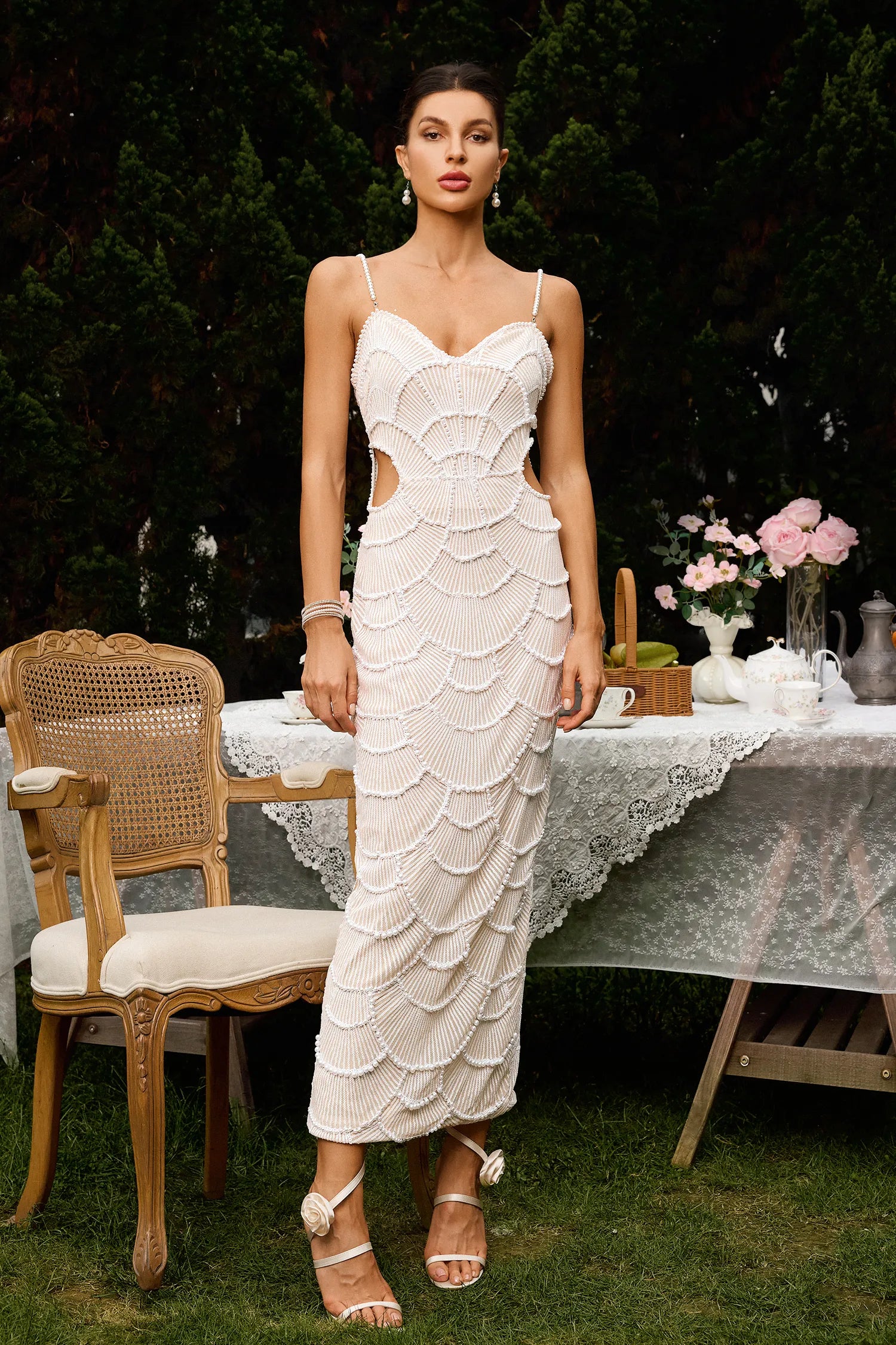 Ivory Pearl Beaded Cutout Mermaid Midi Dress