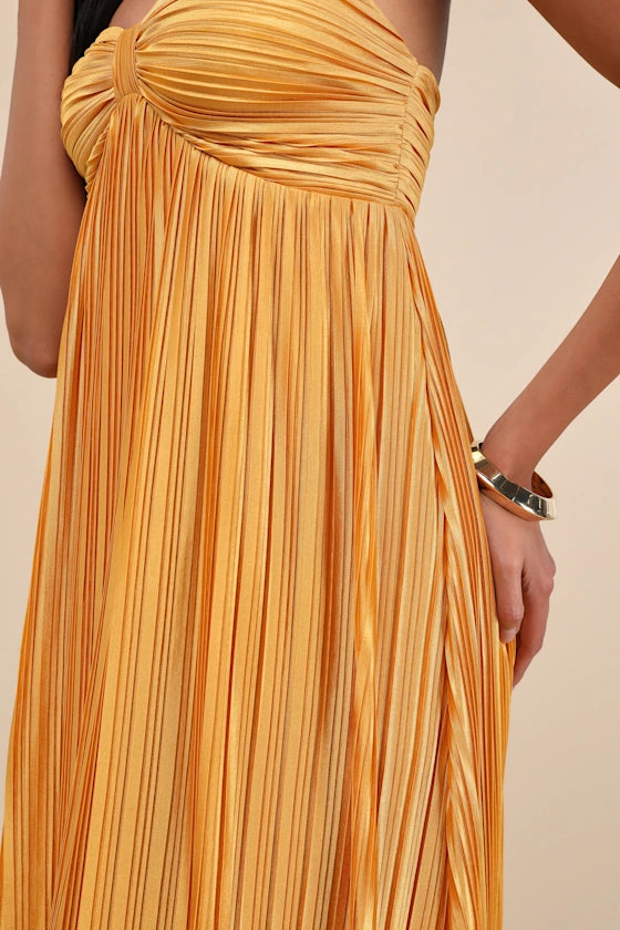 Golden Yellow Pleated Strapless Maxi Dress