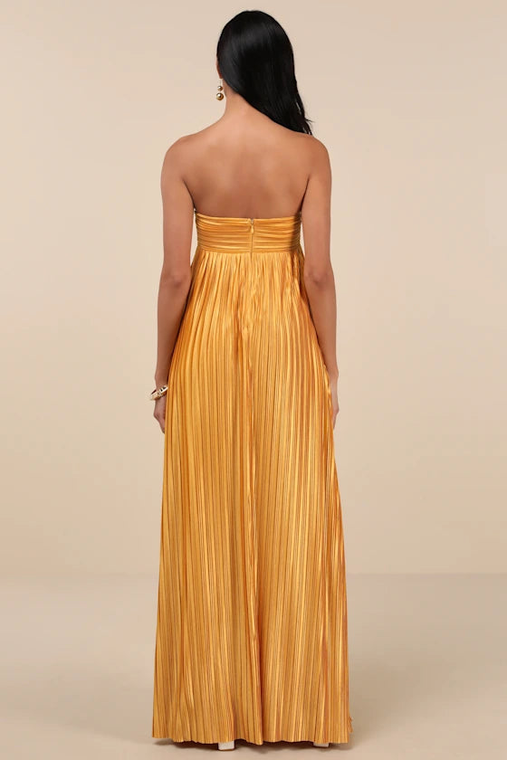 Golden Yellow Pleated Strapless Maxi Dress