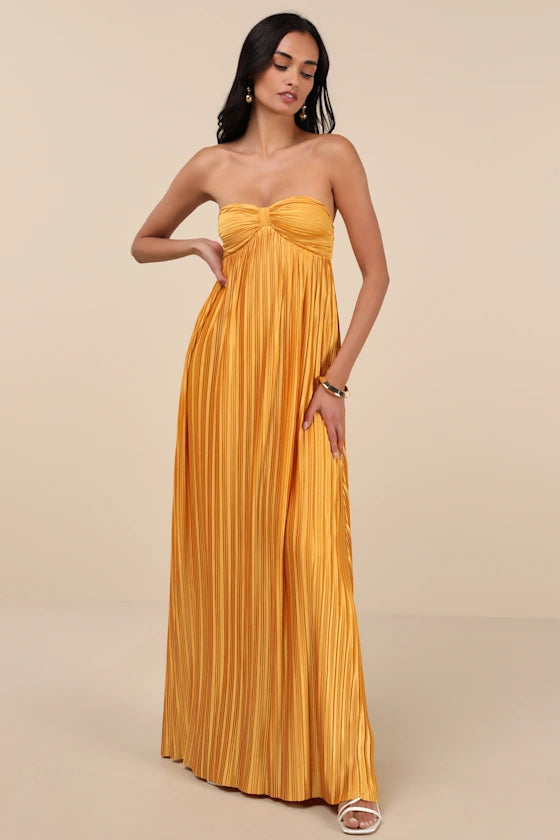 Golden Yellow Pleated Strapless Maxi Dress