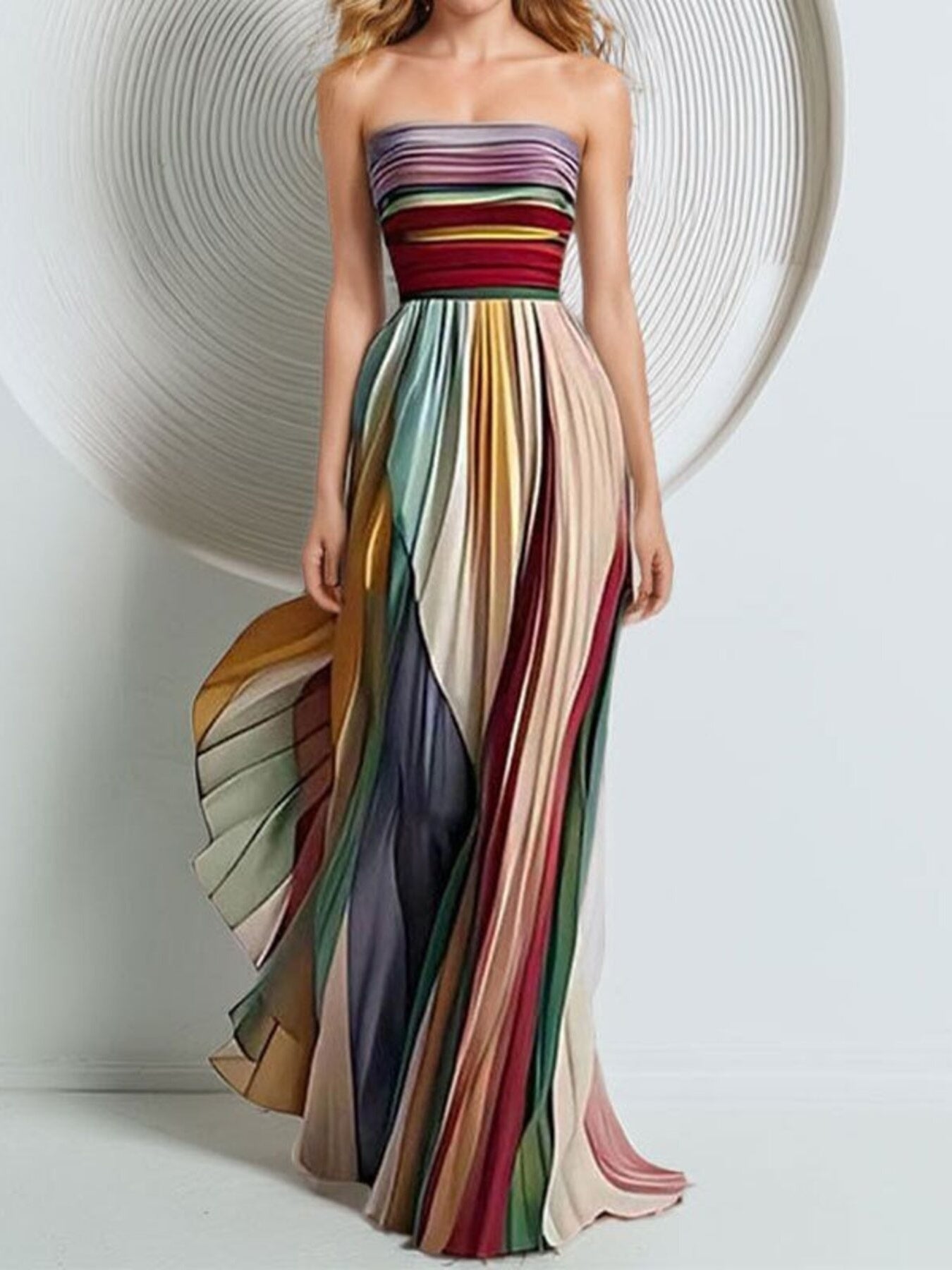 Multicolor Pleated Strapless Maxi Evening Dress