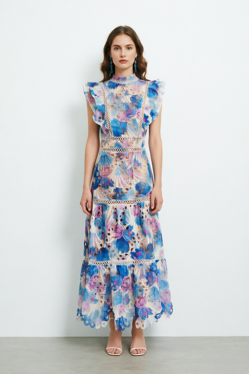 Embroidered   Ruffle Sleeve Maxi Dress