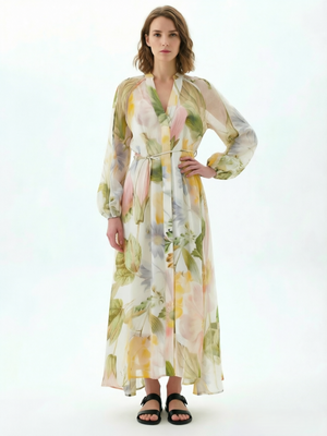 Watercolor Floral Print Chiffon Maxi Dress