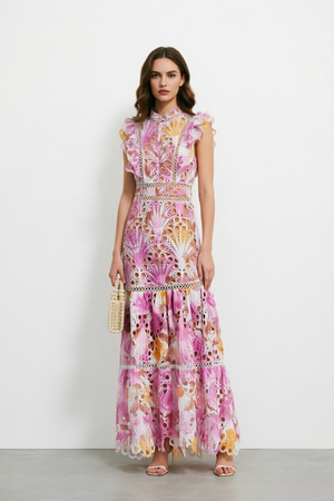 Embroidered   Ruffle Sleeve Maxi Dress