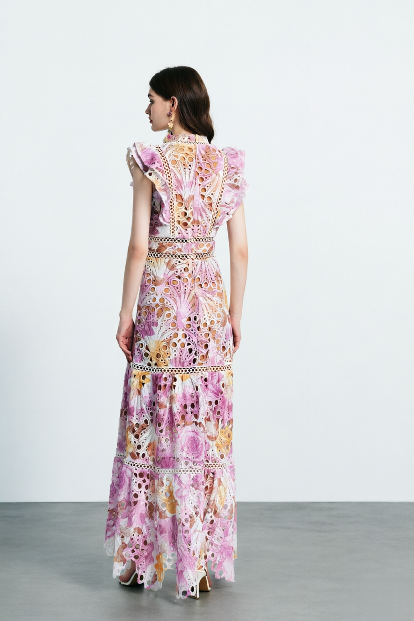 Embroidered   Ruffle Sleeve Maxi Dress