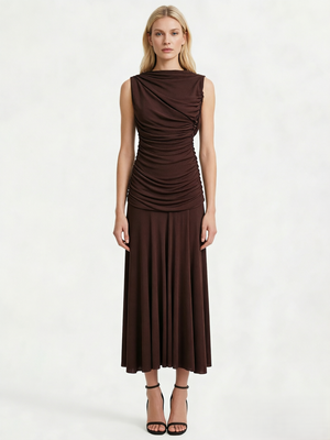 Dark Brown Sleeveless Ruched Mesh Dress