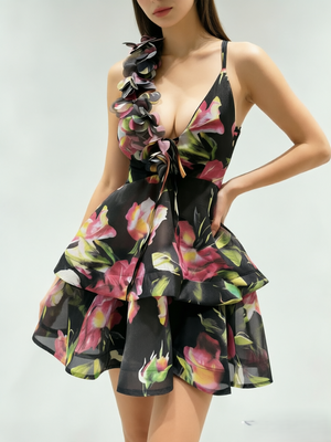 3D Flower Black Halter Layered Mini Dress