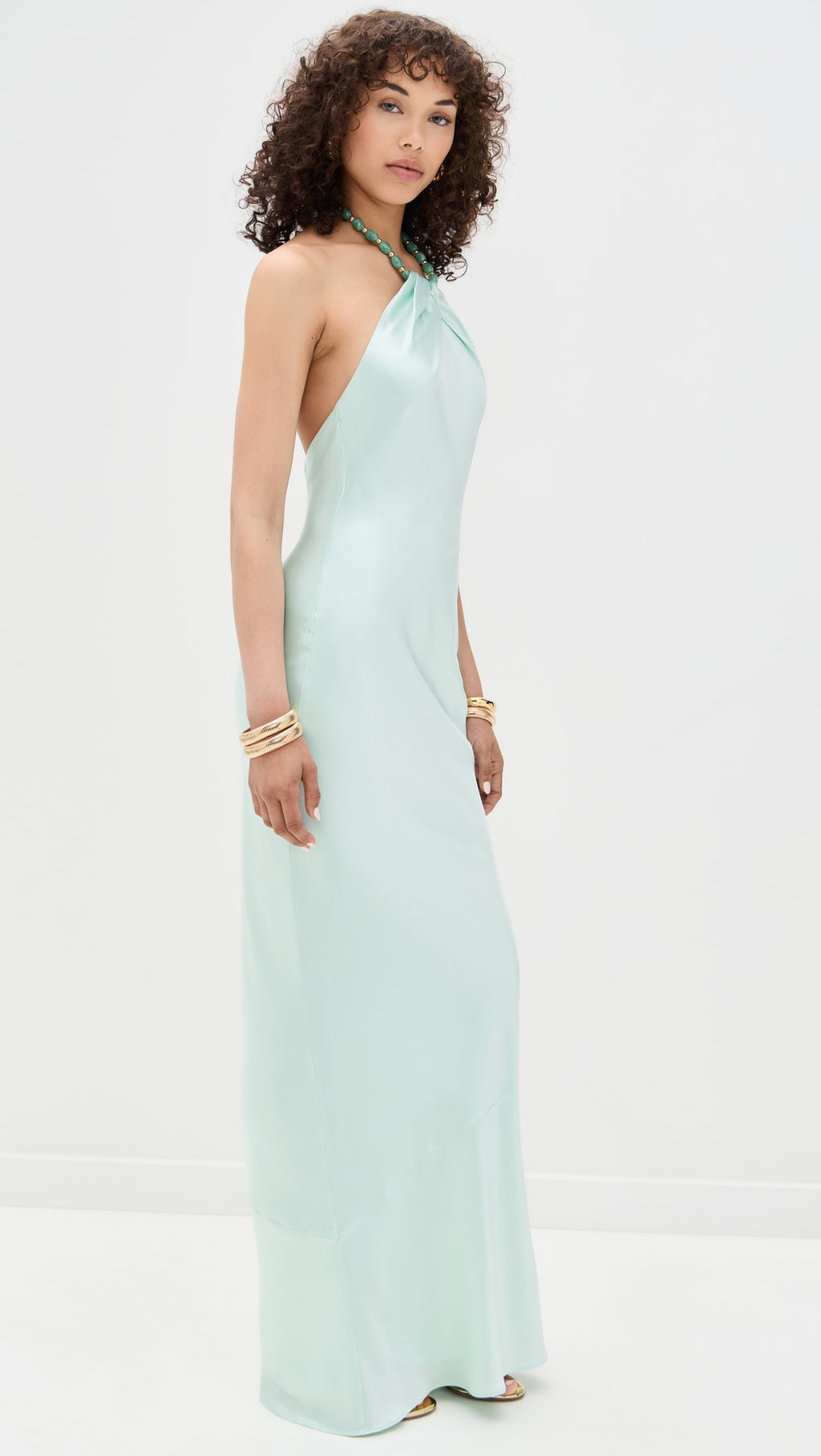 Elegant Sage Mint Draped Halter Evening Gown