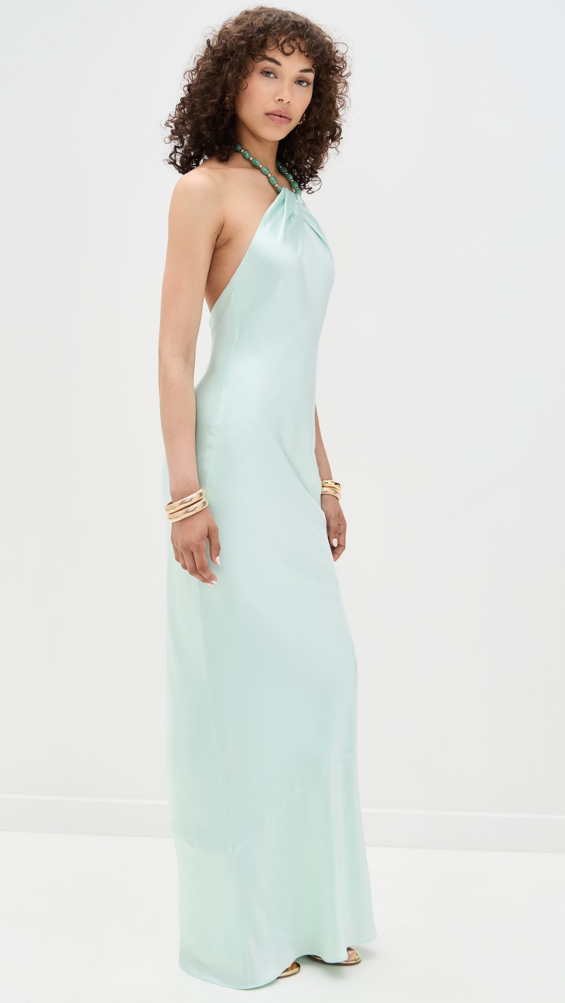 Elegant Sage Mint Draped Halter Evening Gown