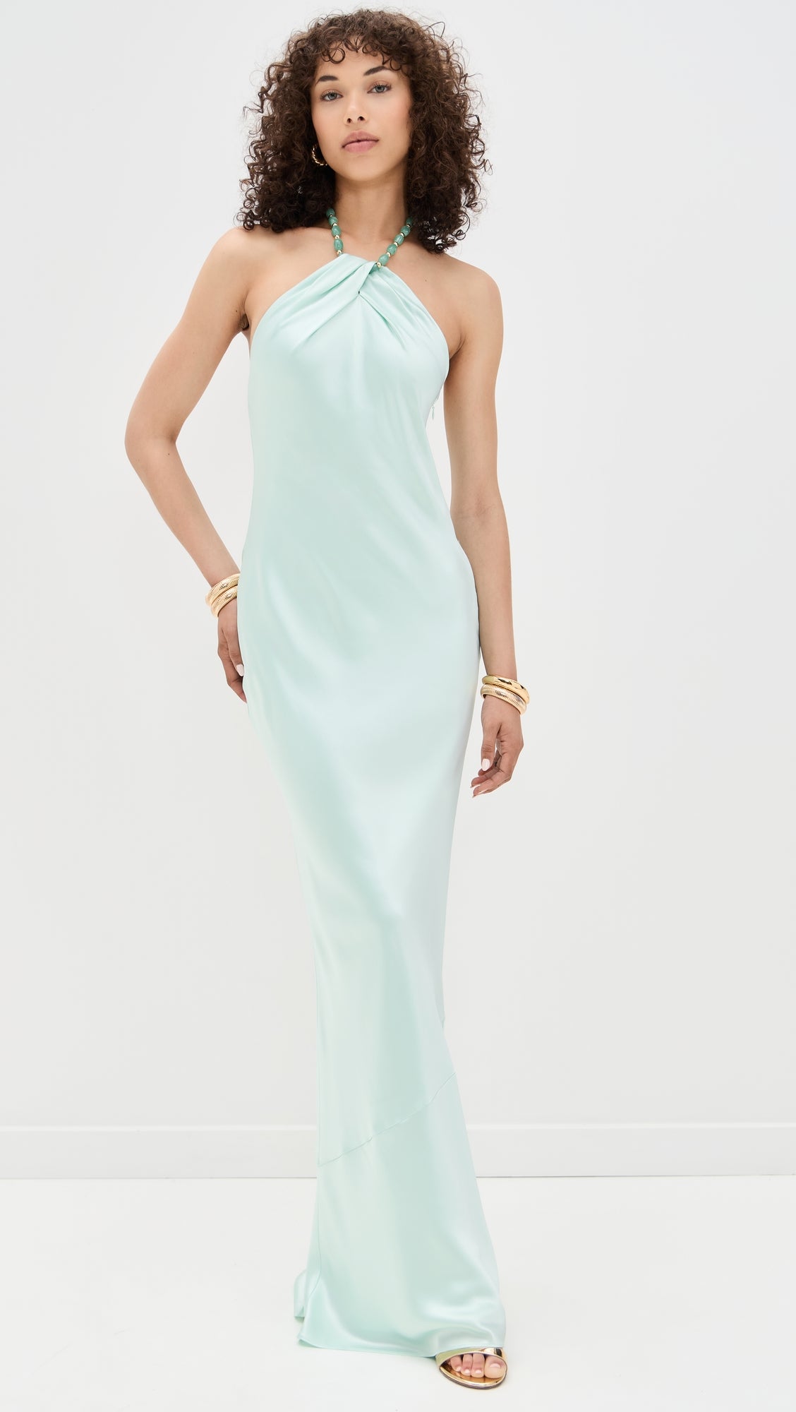 Elegant Sage Mint Draped Halter Evening Gown