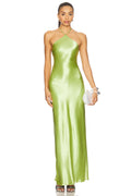 Lime Green Satin Halter Neck Maxi Dress
