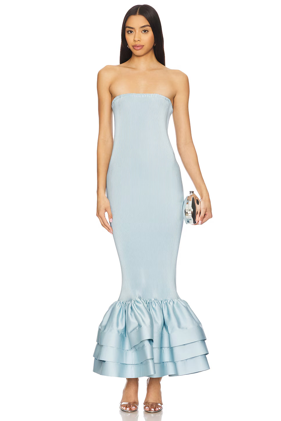 Elegant Ice Blue Bandeau Ruffle Hem Bodycon Dress