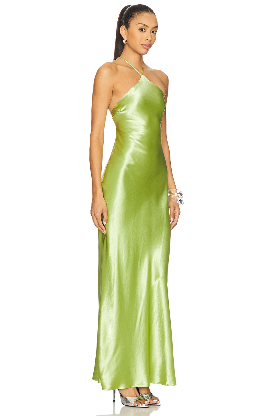 Lime Green Satin Halter Neck Maxi Dress