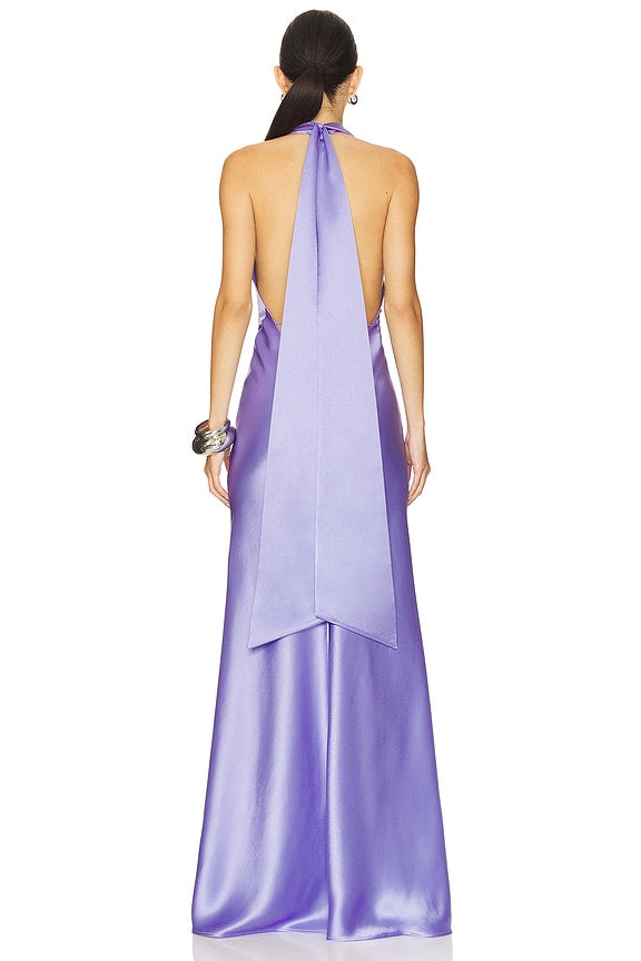 Lavender Satin Halter Cowl Neck Maxi Dress
