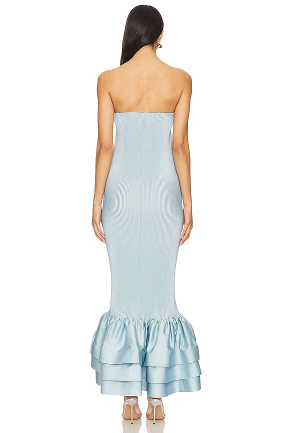 Elegant Ice Blue Bandeau Ruffle Hem Bodycon Dress